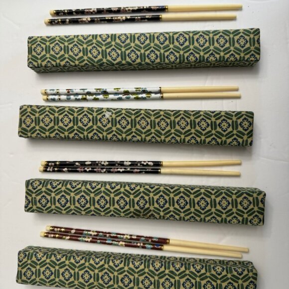 4 Vtg Sets Cloisonne Enamel Inlay Chopsticks in Original Silk Boxes, 8.5”Long - Picture 5 of 9